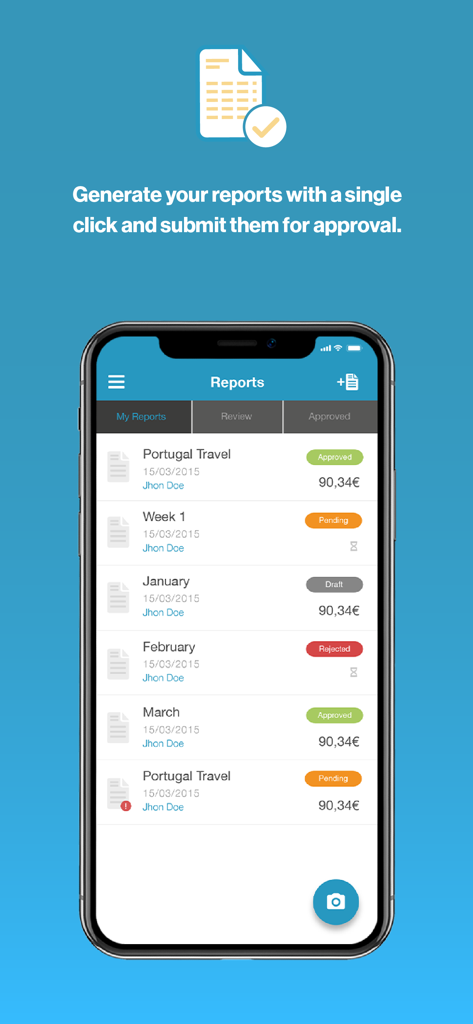 Mobile screen showing expense reports list with statuses like approved pending and draft