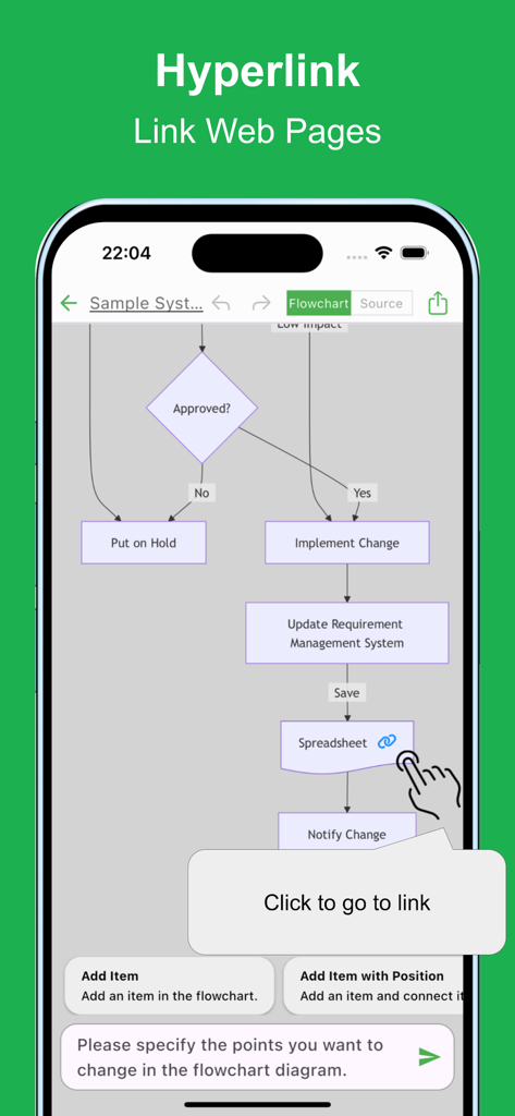 Mobile app interface showing a flowchart with a hyperlink to a spreadsheet and a click to go to link tooltip