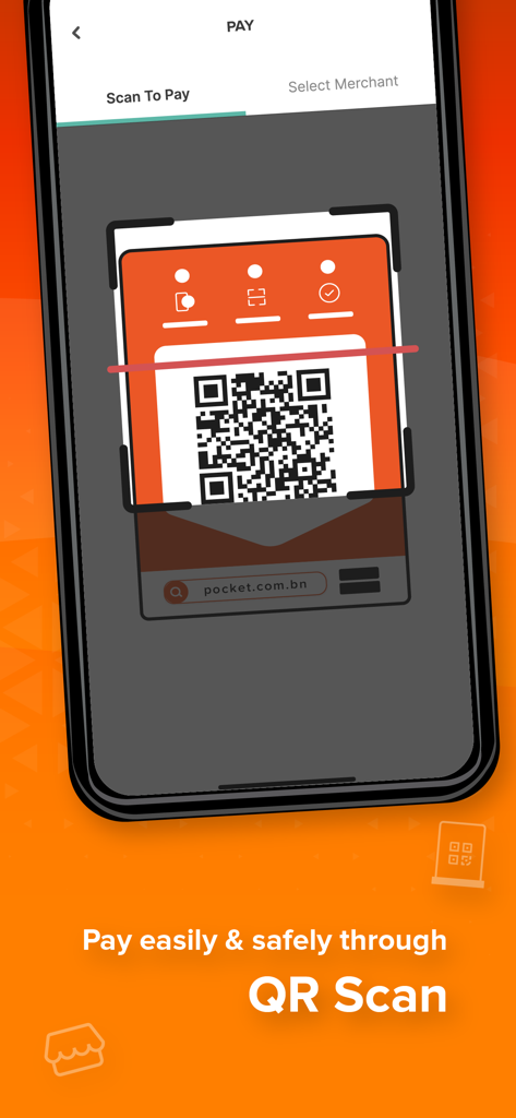 Smartphone screen showing the Pocket app QR code scanner for easy and safe mobile payments.