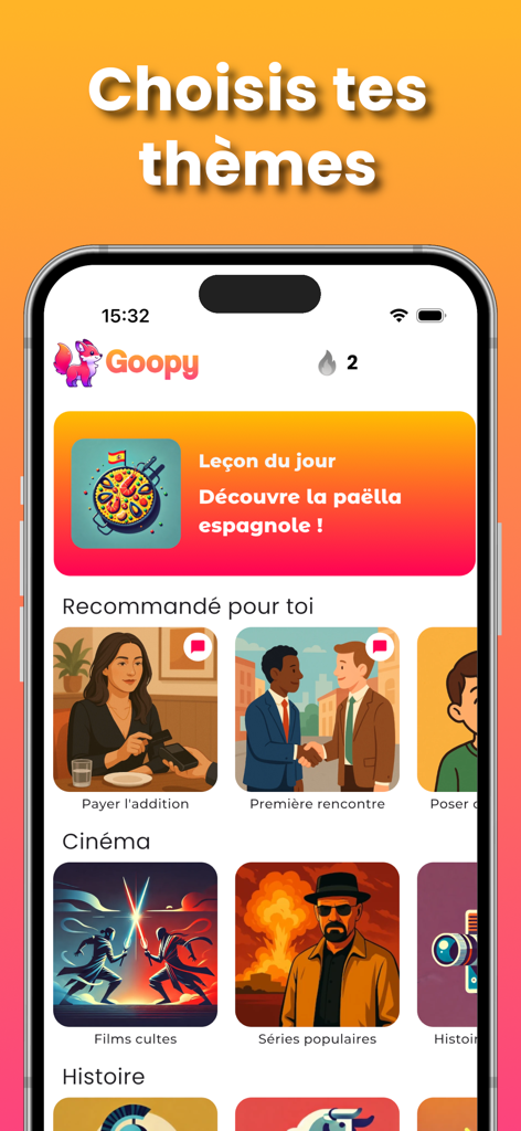 Goopy : Apprendre l'anglais - Interfaz de la aplicación Goopy que muestra temas de aprendizaje de inglés personalizados que incluyen categorías de cine y vida cotidiana.