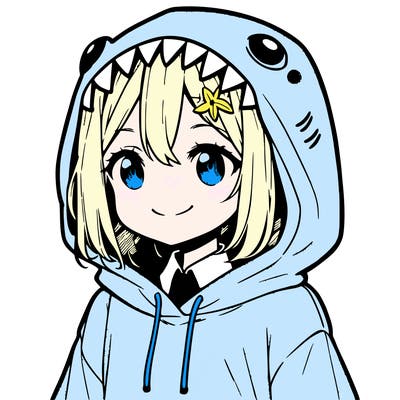 a cute anime girl in a shark hoodie smiling