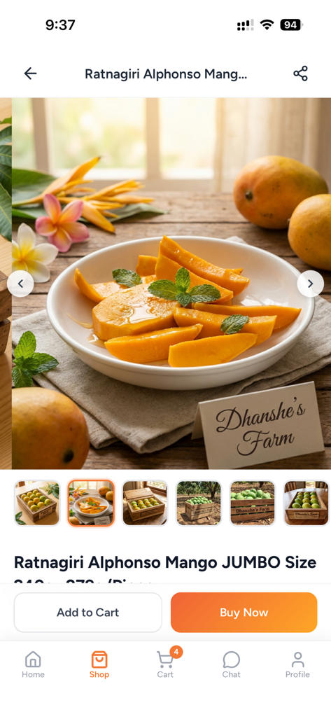 Dhanshe Farm - Dhanshe Farm app interface displaying fresh sliced jumbo Ratnagiri Alphonso mangoes