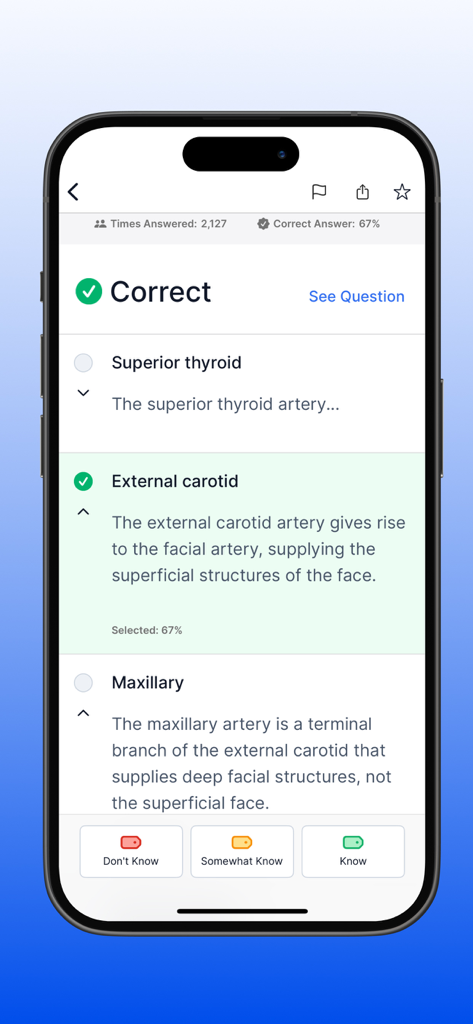 A correctly answered INBDE practice question on the Dental Boards Mastery app showing detailed anatomical explanations and student statistics.