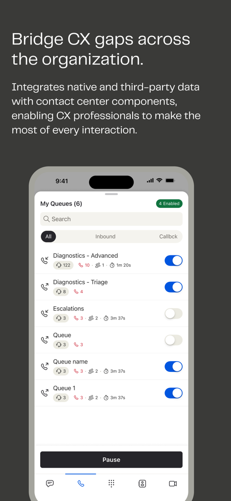 Mobile interface of 8x8 Work showing contact center queue management with live metrics for diagnostics and escalations.