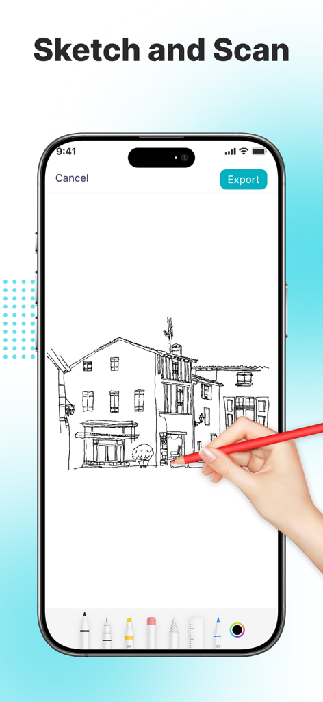 ScanX Pro: Scan PDF, Document - Hand drawing a building sketch on a smartphone using the ScanX Pro app Sketch and Scan feature