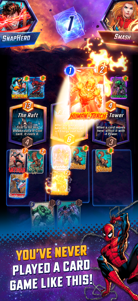 A MARVEL SNAP match showing superhero cards like Human Torch and Wolverine being played on a strategic board