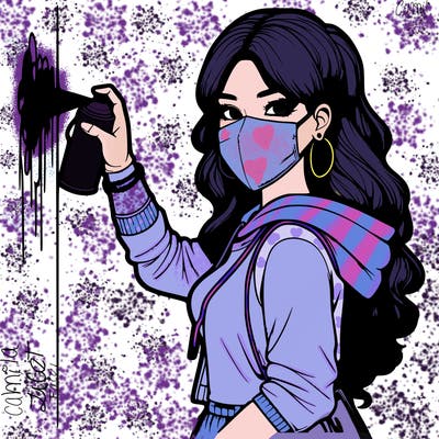 realistic girl with mask spray painting a wall