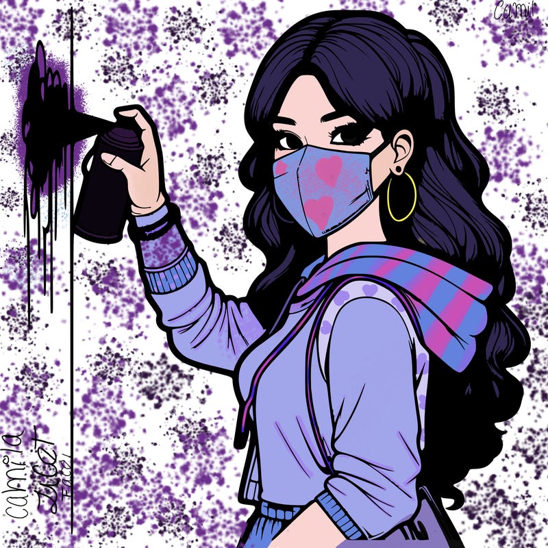 realistic girl with mask spray painting a wall