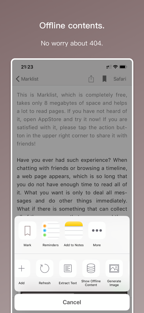 Marklist - Manage Later Things - Marklist app interface showing the offline content saving and management features on a mobile device