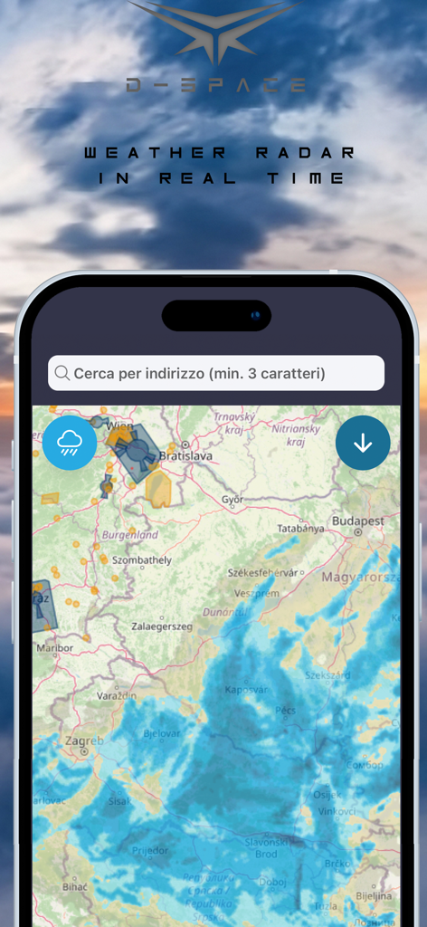 D-Space app interface showing real-time weather radar map for drone flight planning