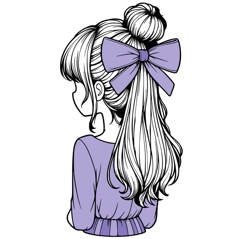 realistic girl  with hip length hair a bun and a big bow on the back of head