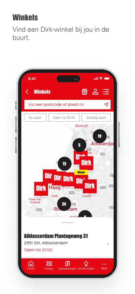 Localizador de lojas do aplicativo Dirk Supermarkt mostrando um mapa com os locais das lojas de supermercado