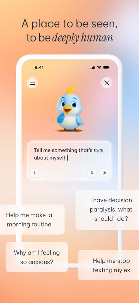 Robyn: Talk, Feel, Grow - Robyn app interface with a blue bird AI mascot and emotional growth chat prompts