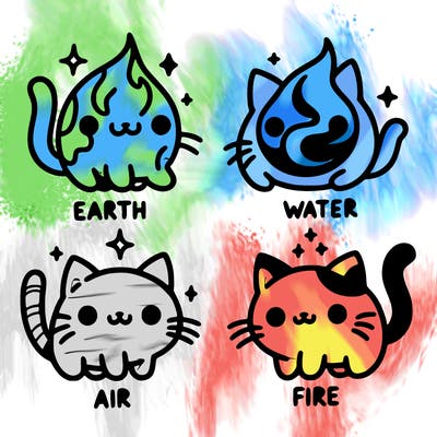 4 cats that represent the different elements, earth, water, air, and fire