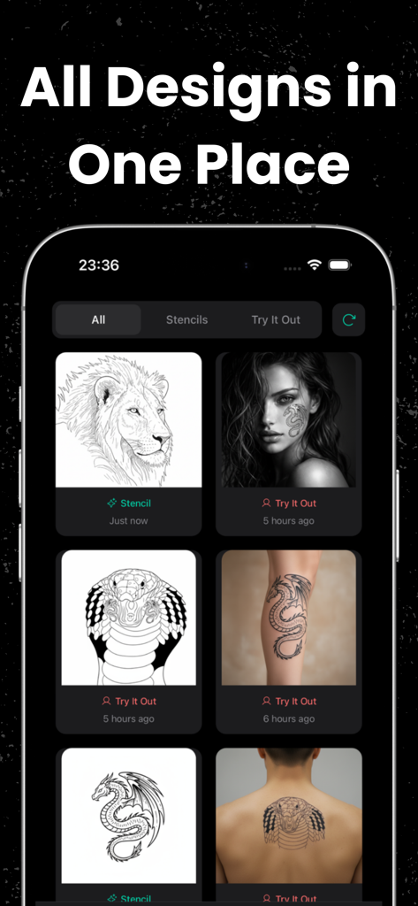 Stencify app interface showing a collection of tattoo stencils and AI try-on previews