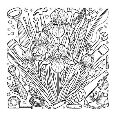 Celebrate Father's Day with this enchanting coloring page featuring elegant irises intertwined with classic dad-themed elements like tools, ties, and outdoor gear. It's a perfect blend of natural beauty and paternal hobbies, designed to create a heartfelt tribute.