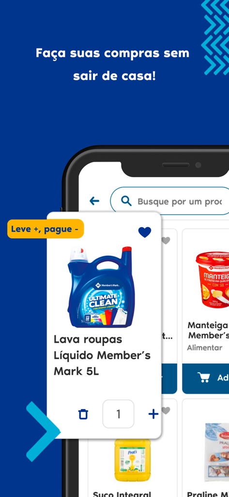 Sams Club Brasil mobile app interface showing product catalog for online shopping and home delivery