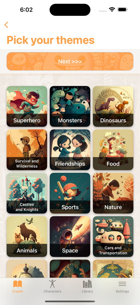 AI Stories For Kids アプリの画面。スーパーヒーローモンスターや恐竜などのさまざまなストーリーテーマが表示されます。