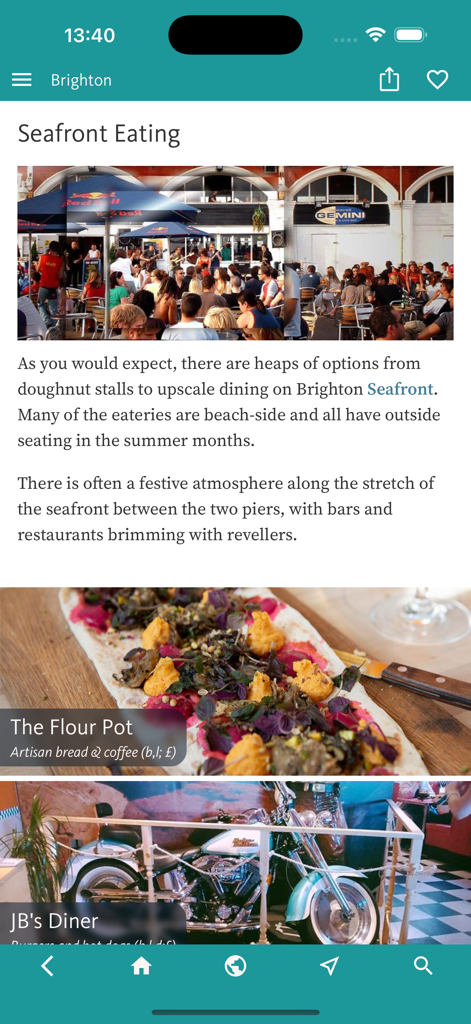 Brighton Travel Guide App zeigt Essensmöglichkeiten an der Strandpromenade und Restaurantempfehlungen.