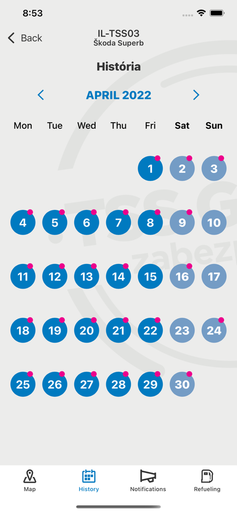 TSS Monitoring - Kalenderansicht in der TSS Monitoring App mit historischen Fahrtenprotokollen für ein Fahrzeug.