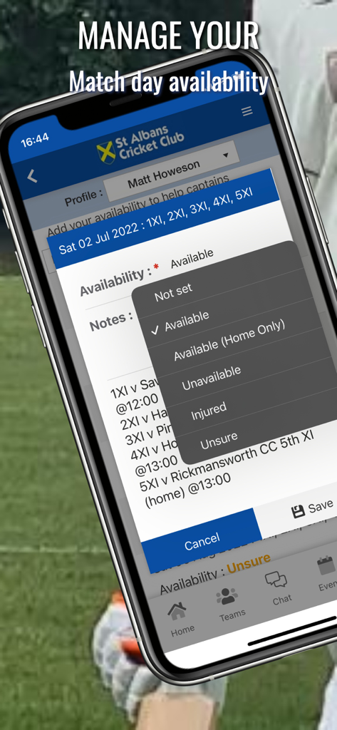 Hitssports Mobile App-Oberfläche zum Festlegen der Spieltagsverfügbarkeit