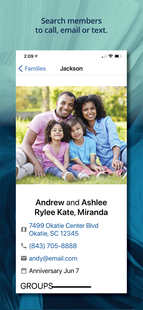 A family profile screen in the Instant Church Directory app showing a photo, contact information, and address for church members.