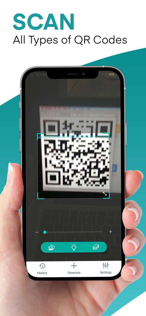 QR Code Scanner & QR Reader - An iPhone screen displaying the QR Code Scanner app interface while scanning a QR code on a monitor
