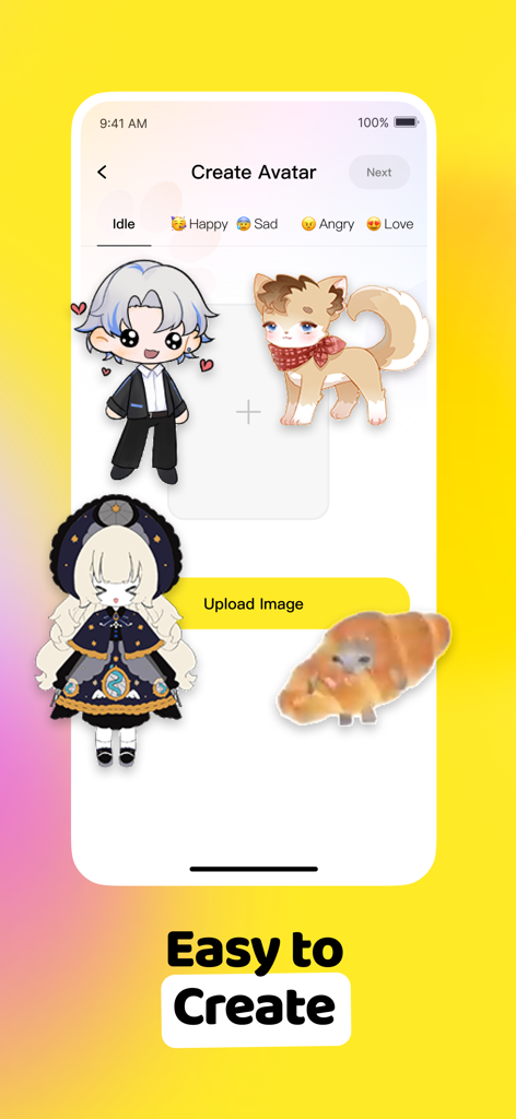 WoofChat - Interfaz de la aplicación WoofChat que muestra cómo crear un avatar personalizado a partir de imágenes y dibujos