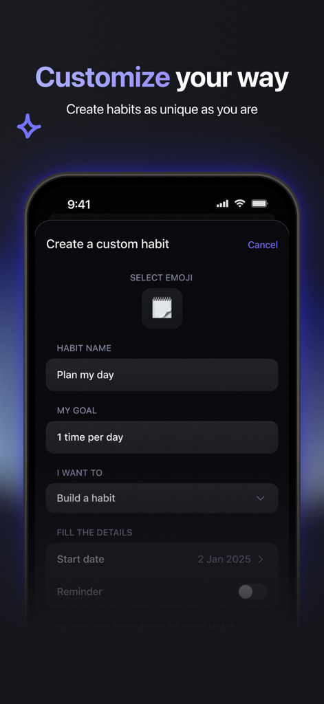 Wisey app screen showing custom habit creation with name goal and reminder settings