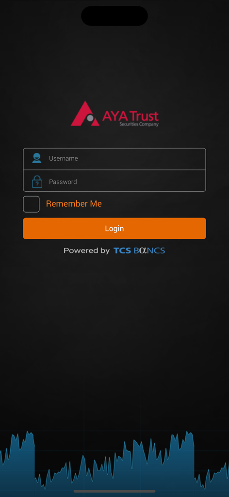 AYA Trust Trading - Login screen of the AYA Trust Trading mobile app with username and password input fields