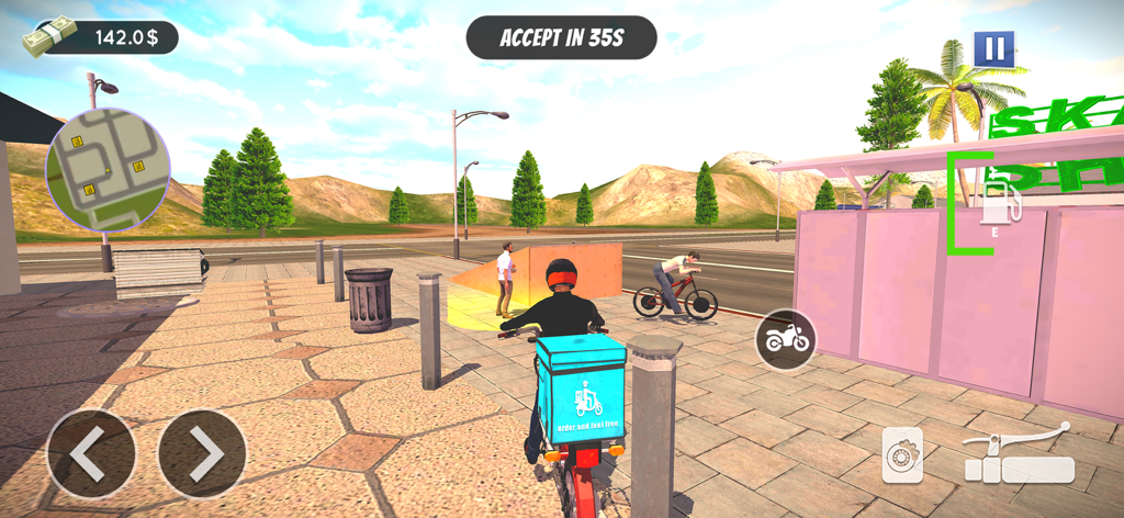 A screenshot of Food Delivery Guy Simulator 3D gameplay showing a delivery rider on a scooter with a blue box in a city environment.