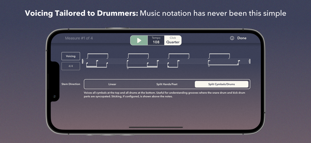 Interfaz de smartphone de la aplicación Notación de Batería por Beat Note mostrando configuraciones de voicing y dirección de plicas de batería.