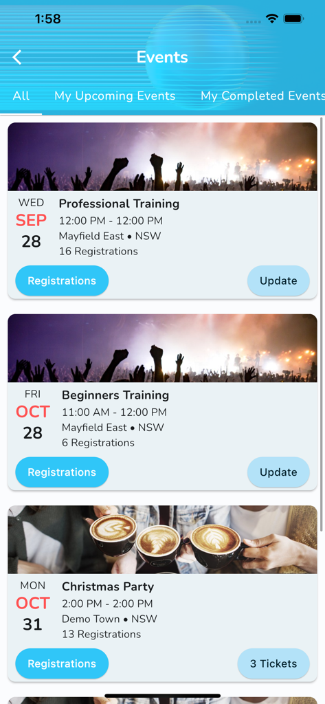 Eine mobile App-Oberfläche von Member Jungle, die eine Liste von Clubveranstaltungen einschließlich Trainingseinheiten und einer Weihnachtsfeier mit Registrierungsdetails anzeigt