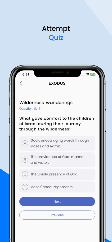 A mobile app interface showing a Bible study quiz question about Exodus with multiple choice answers.