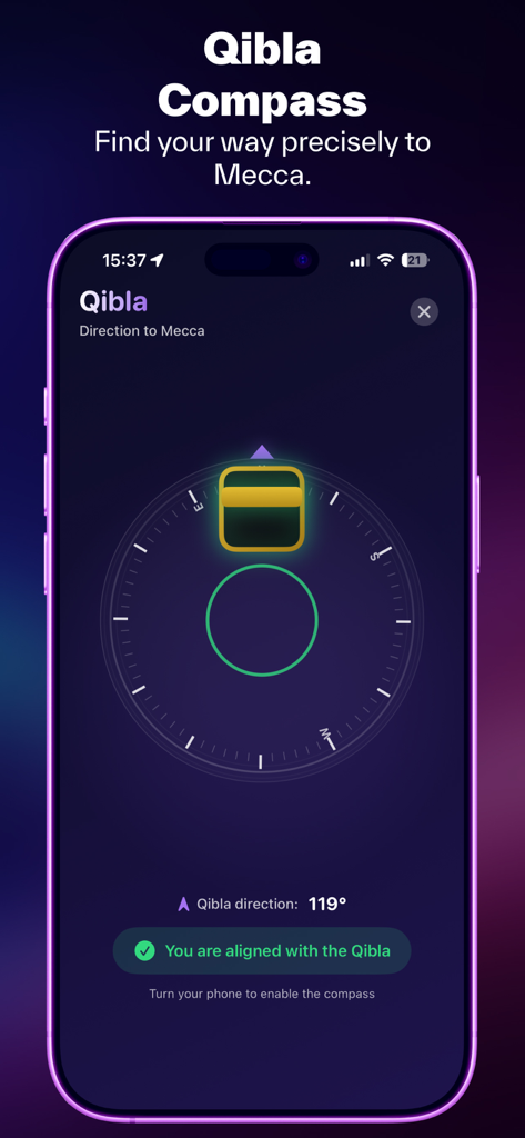 Islami - AI, Quran, Prayer - Digital Qibla compass interface in the Islami app showing the precise direction to Mecca