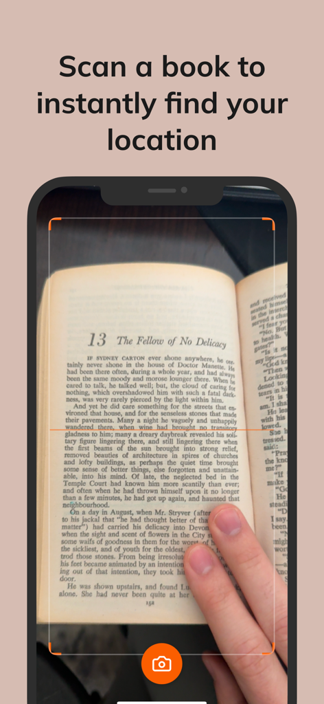 Scanning a physical book page with a smartphone to sync reading progress in the Tribooks app
