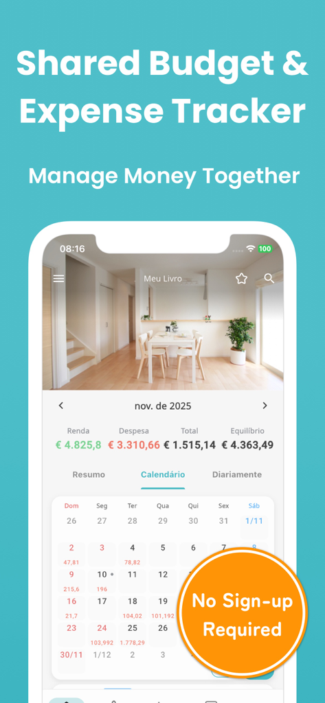 Budget planner - MoneyBoard - Interface do aplicativo MoneyBoard mostrando um orçamento doméstico compartilhado e um calendário de despesas.
