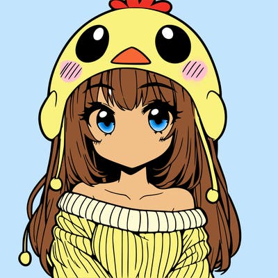 anime girl with chick shaped hat with sweater with bare shoulders with bangs covering them one eye with low tail
