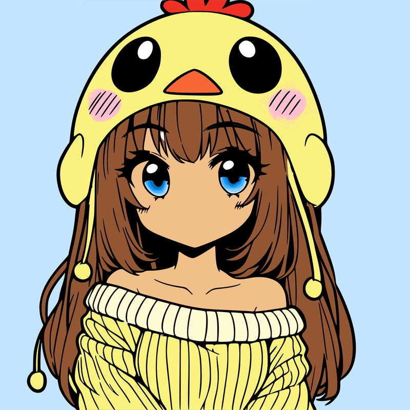 anime girl with chick shaped hat with sweater with bare shoulders with bangs covering them one eye with low tail