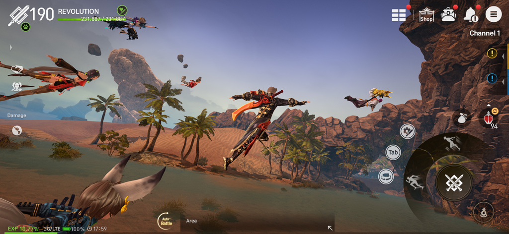 Blade&Soul Revolution - Multiple characters using the Windwalk skill to fly over a desert landscape in Blade and Soul Revolution