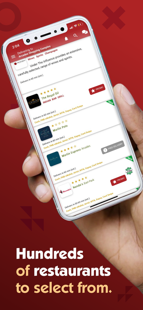 AfriDelivery - Smartphone screen showing the AfriDelivery app with a list of local restaurants and food delivery options.
