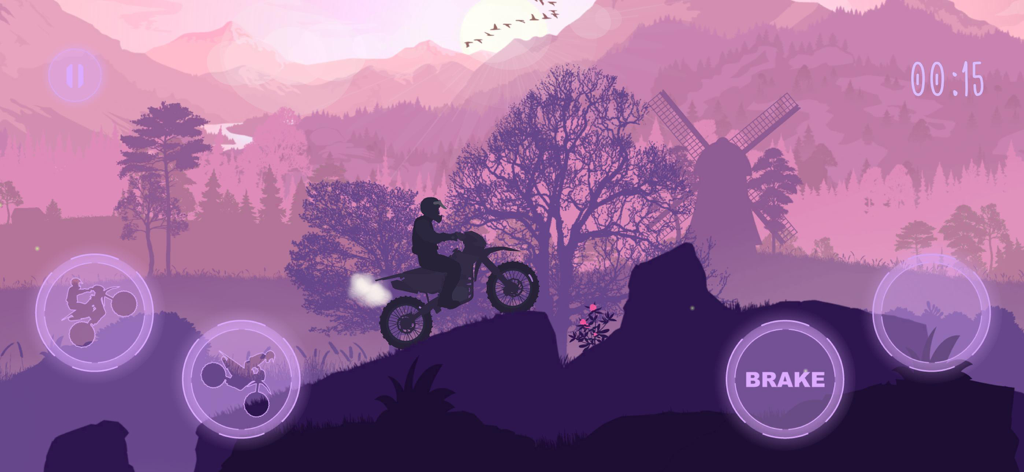 Gravity Trip - Silueta de un motociclista recorriendo un terreno rocoso en un entorno de montaña atmosférico púrpura al atardecer