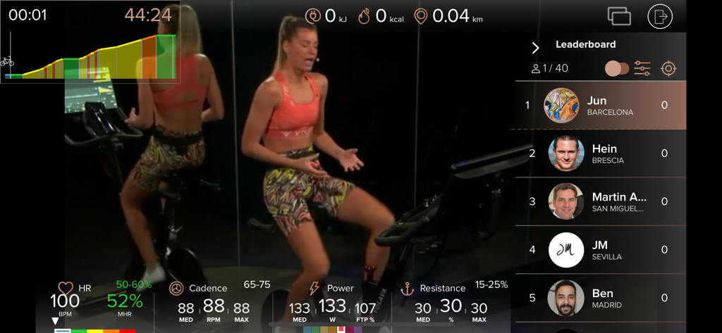 Volava by Spinning app interface featuring a live indoor cycling session with instructor performance metrics and a real time leaderboard