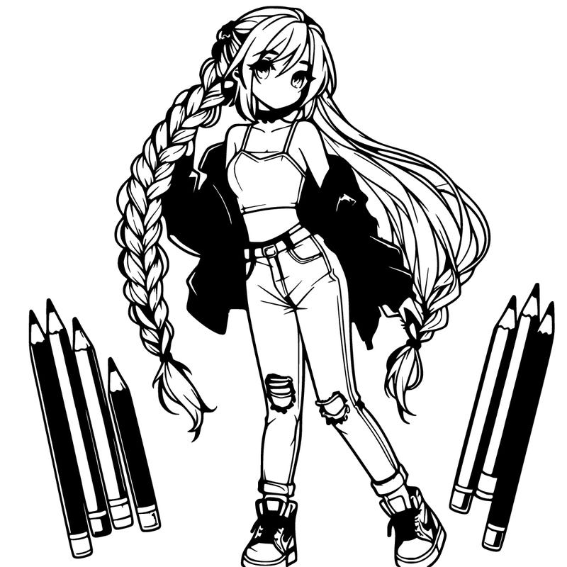 an anime themed girl with beautiful braid reaching their waist, they are wearing a cropped top and ripped jeans with high tops and a leather jacket
