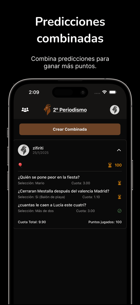 Goated - Mobile screen of the Goated app showing a list of social predictions and points earned within a friend group