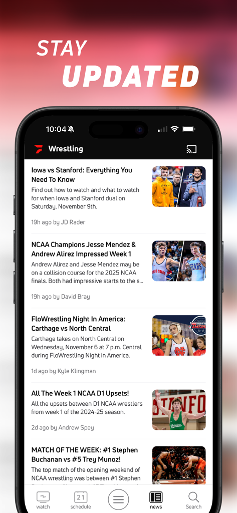 FloSports app news feed for wrestling showing various sports articles and headlines