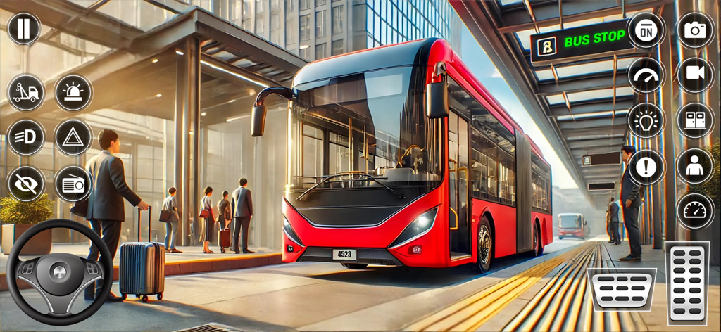 US Bus Simulator Coach Games - Un autocar rojo en una parada de autobús moderna de la ciudad con pasajeros y controles de conducción.
