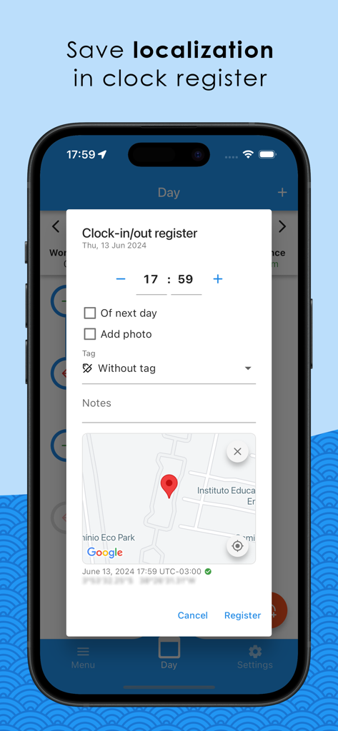 Schermata dell'app Easy Time Tracker che mostra la funzione di localizzazione GPS per registri di timbratura