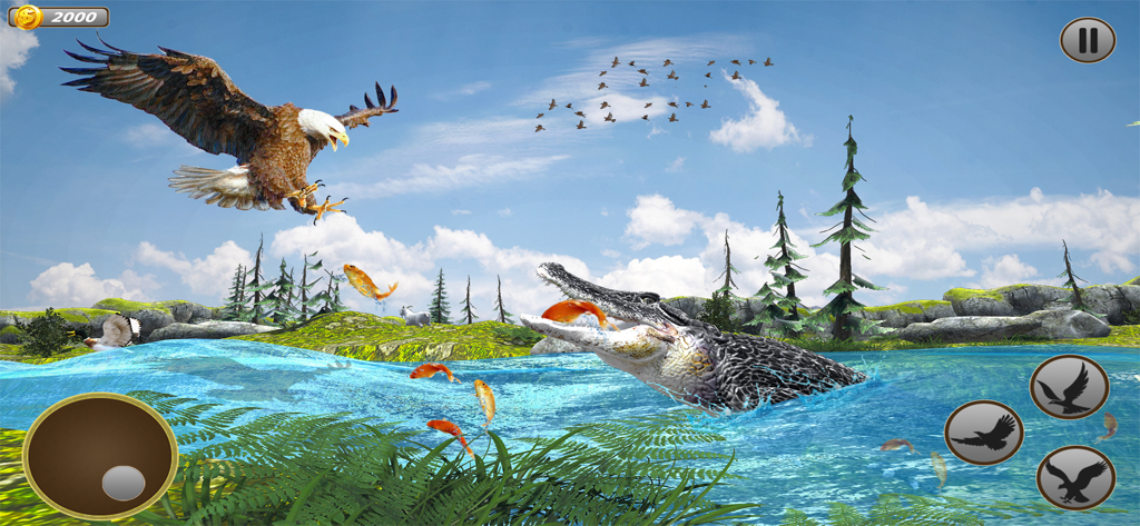 Eagle Simulator - Eagle Games - A bald eagle flying over a river where a crocodile and fish leap from the water in a 3D wildlife simulator.