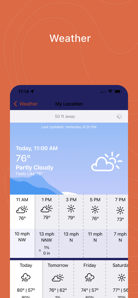 Garmin Messenger™ - Un'interfaccia smartphone dell'app Garmin Messenger che mostra una previsione meteo dettagliata con aggiornamenti orari e giornalieri per gli avventurieri all'aperto